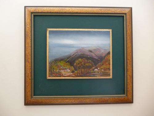 Patricia Heller. Farm in Misty Western Cape Mountains. Original Framed Oil on Canvas Board.